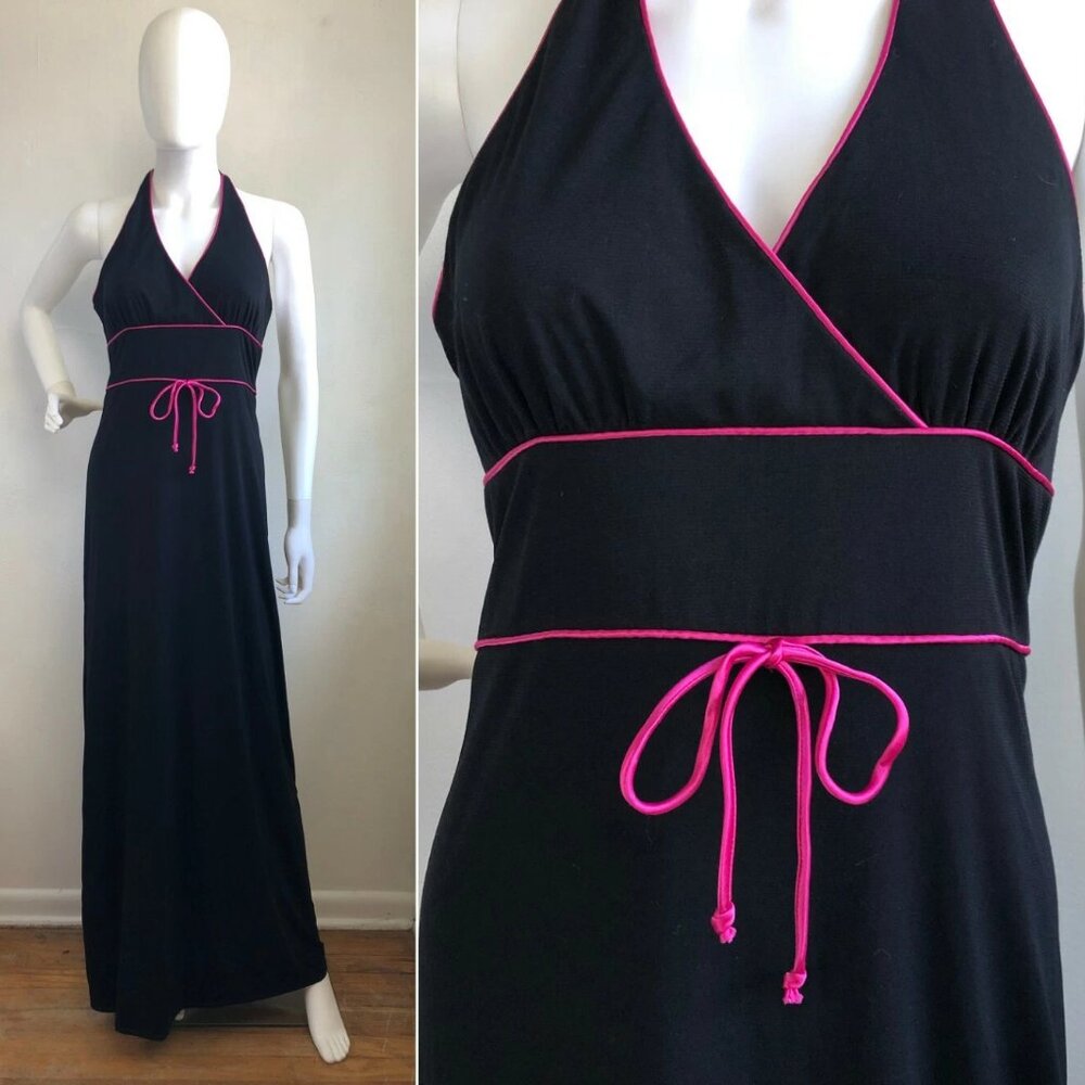 Vintage 1990s Halter Maxi Dress Long Fine Soft Knit Black Pink Fancy Patio Small